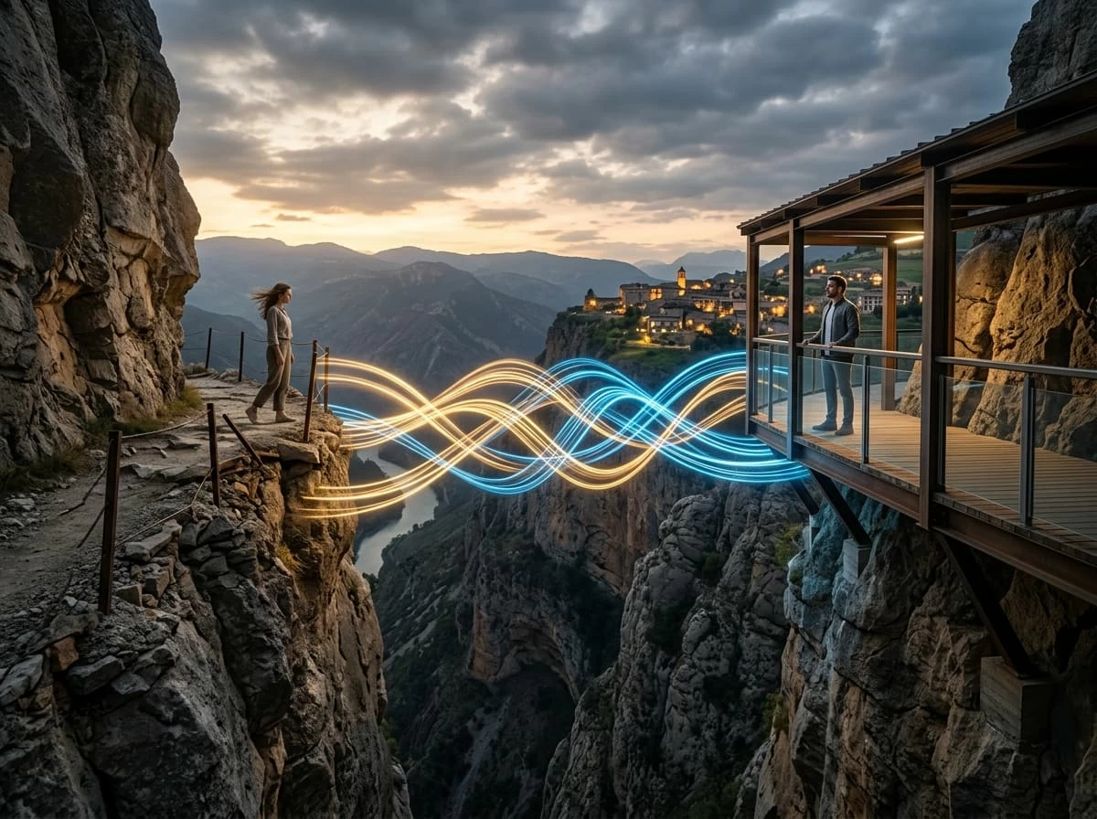 Ein Symbolischer Abgrund. Auf der einen Seite eine Frau, auf der anderen ein Mann.